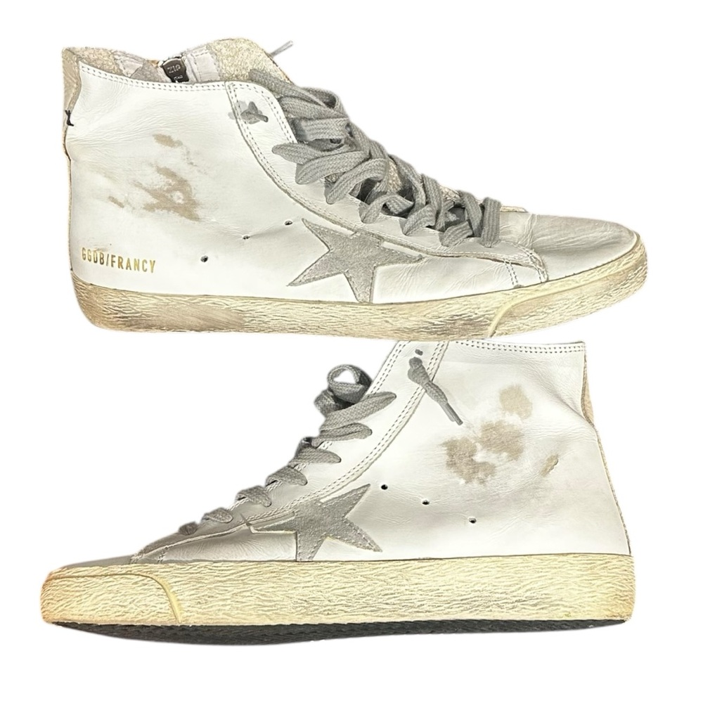 Golden Goose Francy White Leather Gray Suede Star Lace-Up Hi-Top Sneakers w/Box - Picture 4 of 7